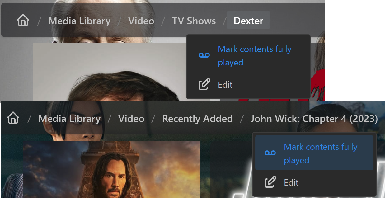 Esimerkki siitä, miten TV-sarjat ja videot merkitään täysin toistetuiksi